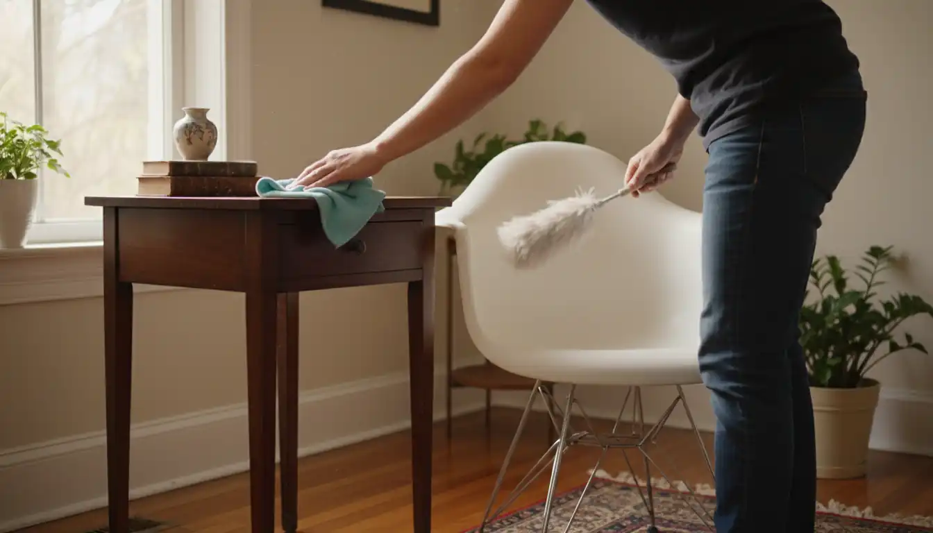 A person using a microfiber cloth to clean an antique wood table and a vintage plastic chair.
