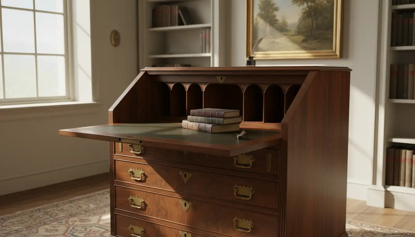 An early 19th-century mahogany secretary desk with brass handles in a sunlit home office.