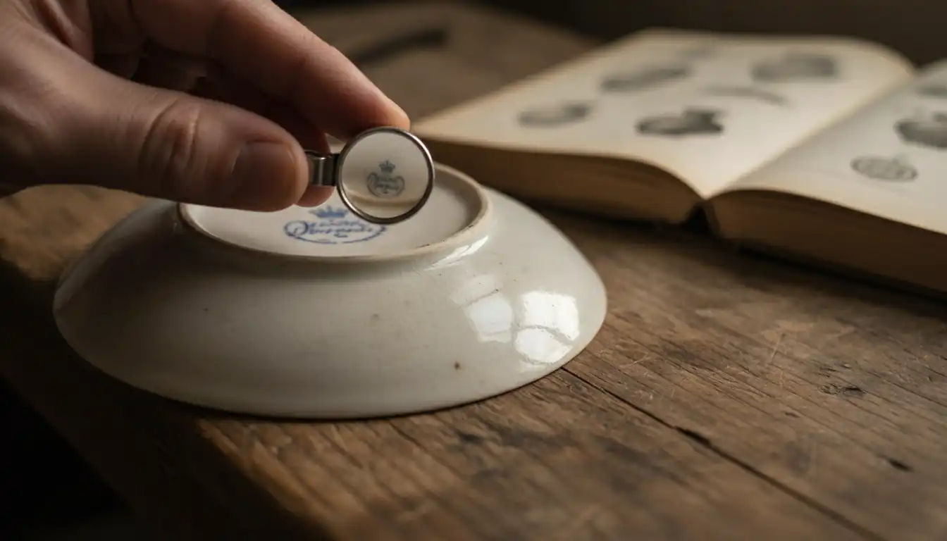 A hand holding a magnifying glass over a suspicious maker's mark on the bottom of an antique plate.