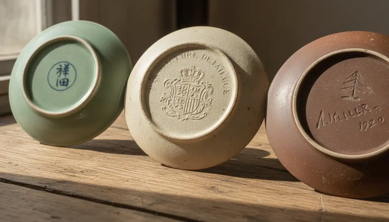 Three antique ceramic plate bottoms showing different regional pottery marks on a wooden table.