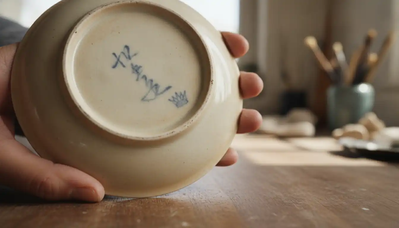 Close-up of an antique ceramic plate's underside showing a hand-painted signature and impressed mark.